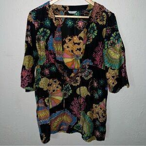 Trina Turk Silk Blend Swim Cover-Up Black Floral Fan Print Pull Over Size Small.